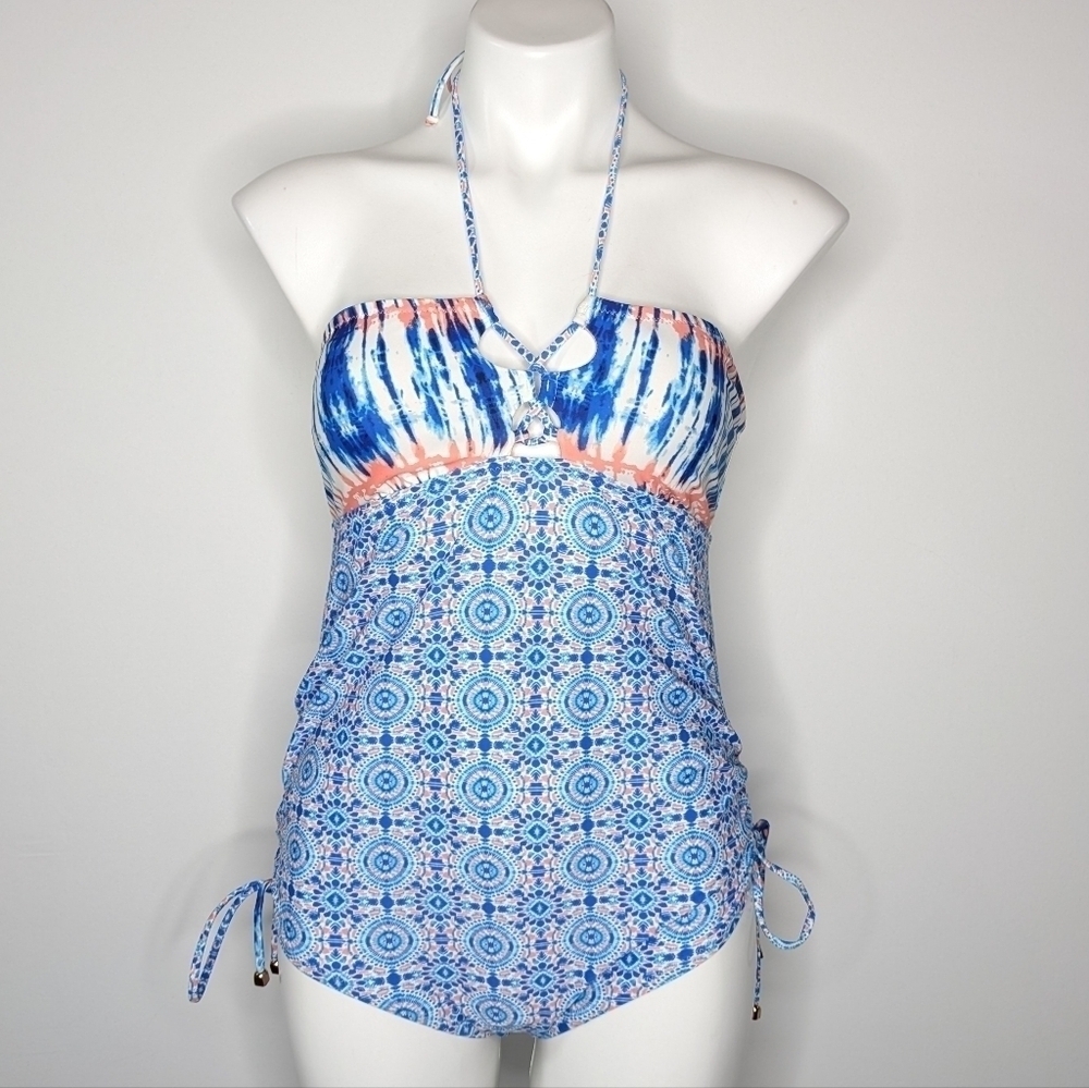 A Pea In The Pod blue white tie halter cinch waist one piece swimsuit XS